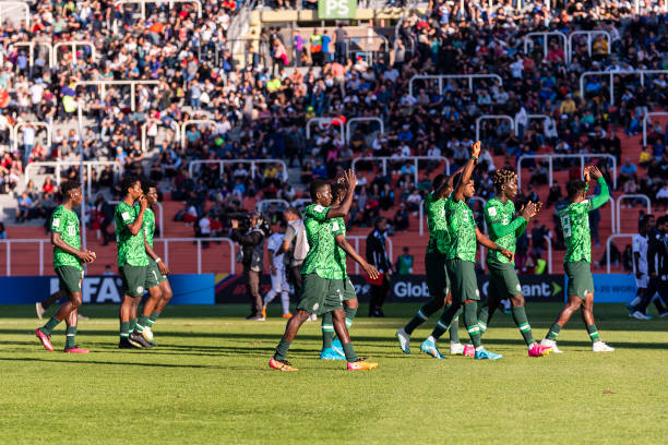 Nigerian players celebrate after their game against Dominican Republic at the FIFA U20 World Cup